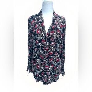 J Jill Blouse Top XL Petite Floral Button Up Long Sleeve Black Multi Stretch